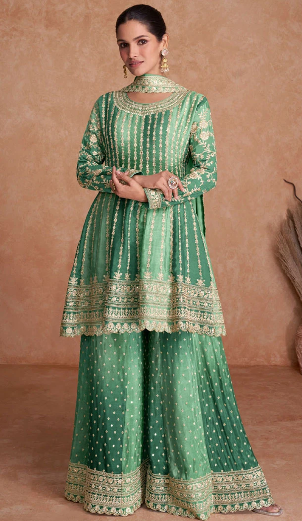 Real Chinon Embroidered Green Color Readymade Palazzo Suit - 8627183372