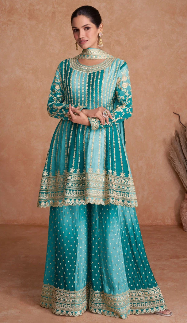 Real Chinon Embroidered Sky Blue Color Readymade Palazzo Suit - 8627183373