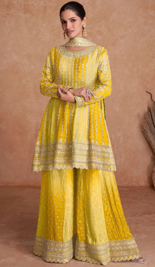 Real Chinon Embroidered Yellow Color Readymade Palazzo Suit - 8627183374