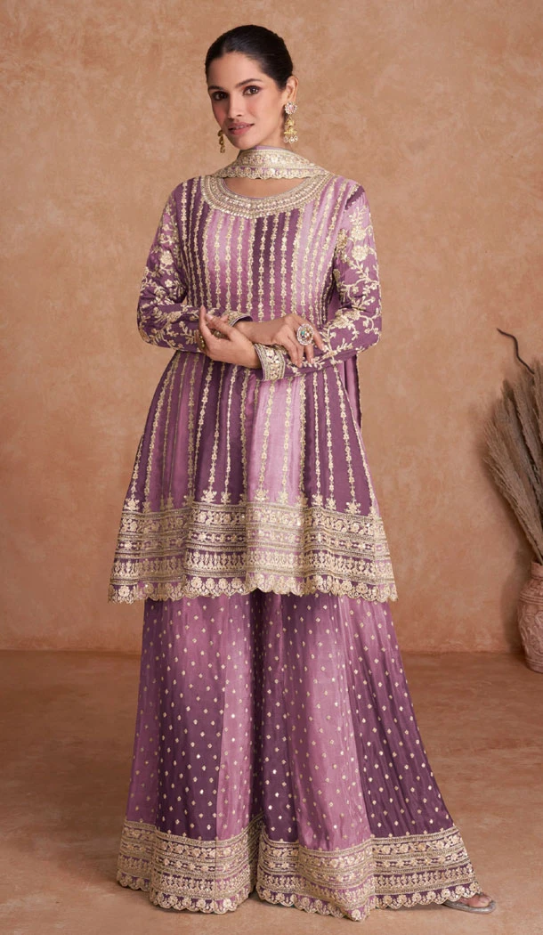 Real Chinon Embroidered Lavender Color Readymade Palazzo Suit - 8627183375