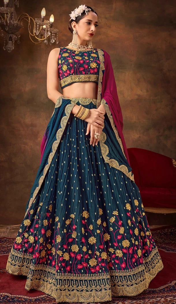 Navy Blue Pure Georgette Multi Thread Work Designer Lehenga Choli - 8628183376