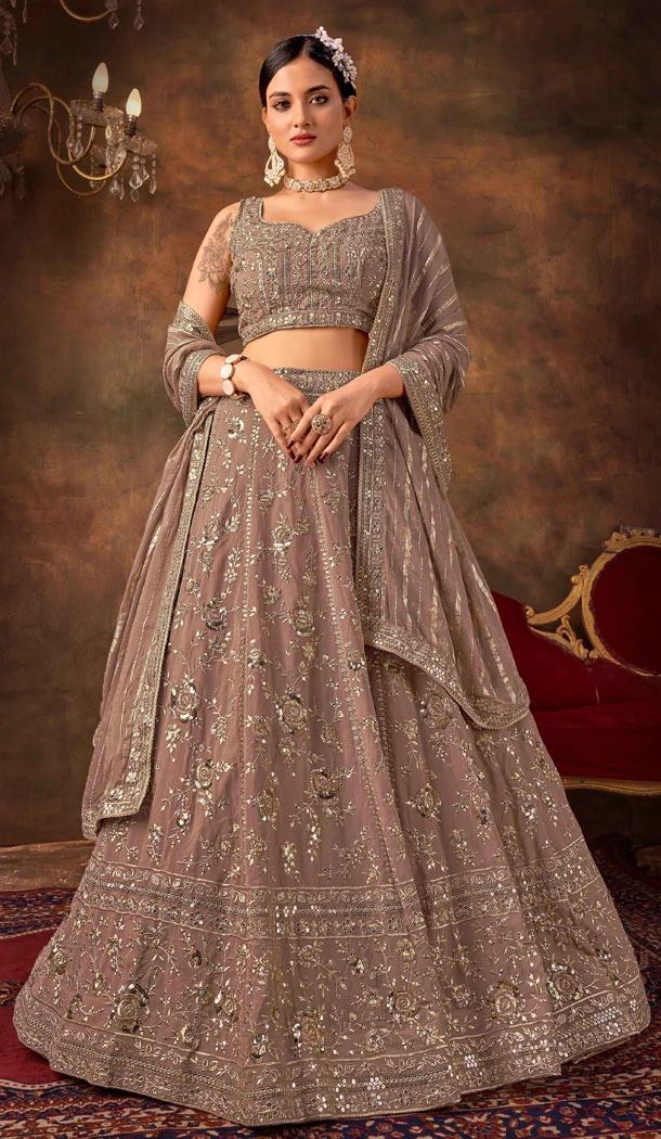 Brown Faux Georgette Multi Thread Work Designer Lehenga Choli - 8628183377