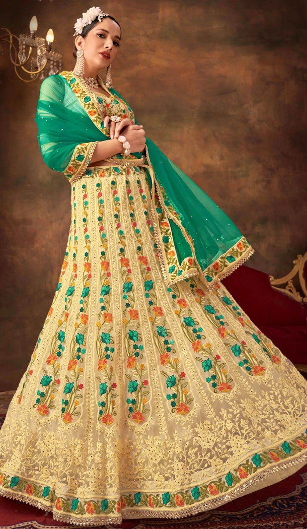 Cream Net Multi Thread Work Designer Lehenga Choli - 8628183378