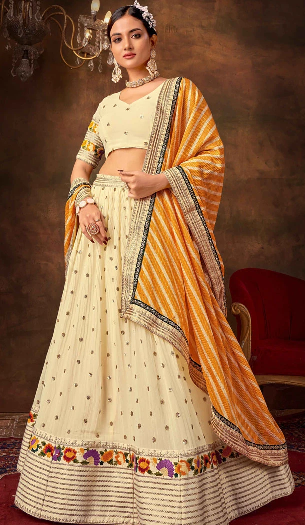 Off White Pure Georgette Multi Thread Work Designer Lehenga Choli - 8628183379
