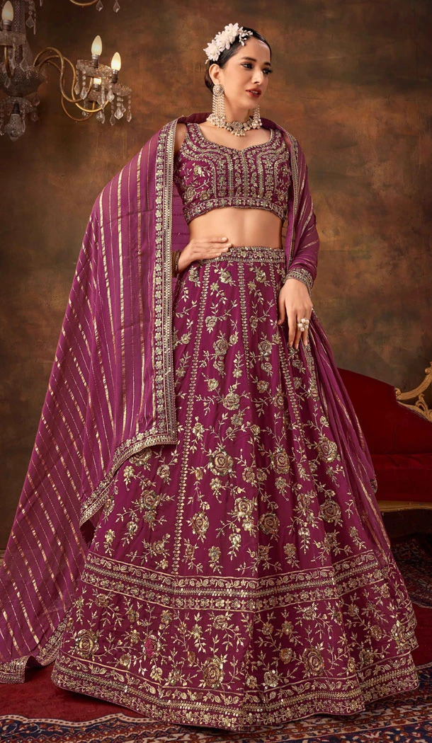 Wine Pure Georgette Multi Thread Work Designer Lehenga Choli - 8628183381