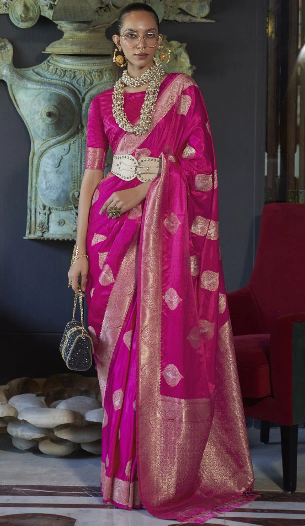 Weaving Work Pure Satin Indian Traditional Saree In Rani Pink - 8629183383