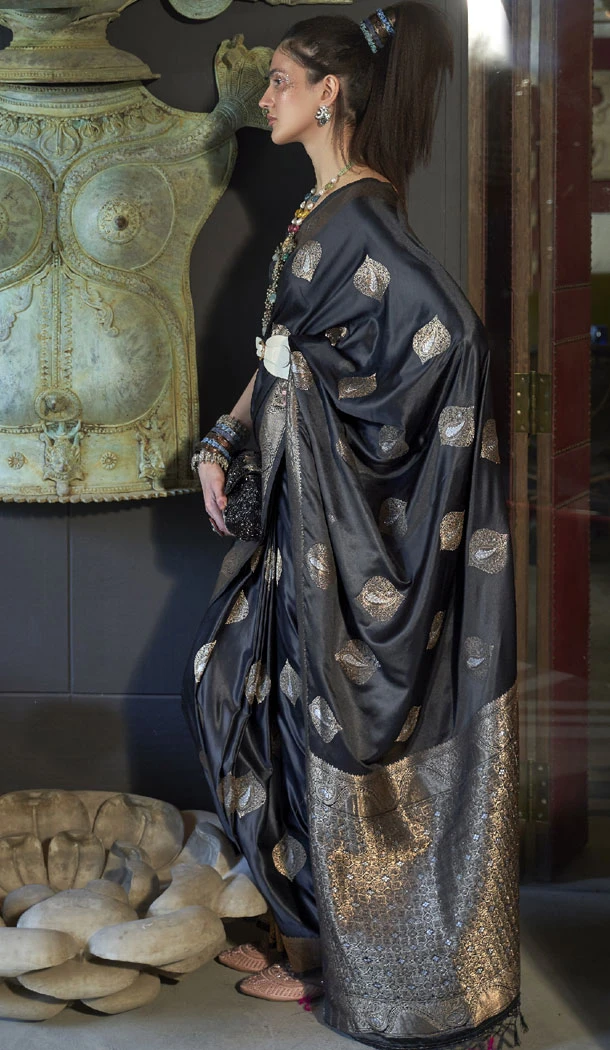 Weaving Work Pure Satin Indian Traditional Saree In Black - 8629183384