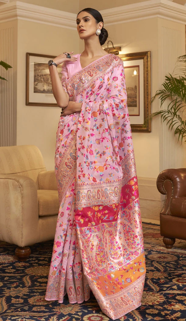 Pink Color Kashmiri Silk Weaving Work Saree - 8630183390