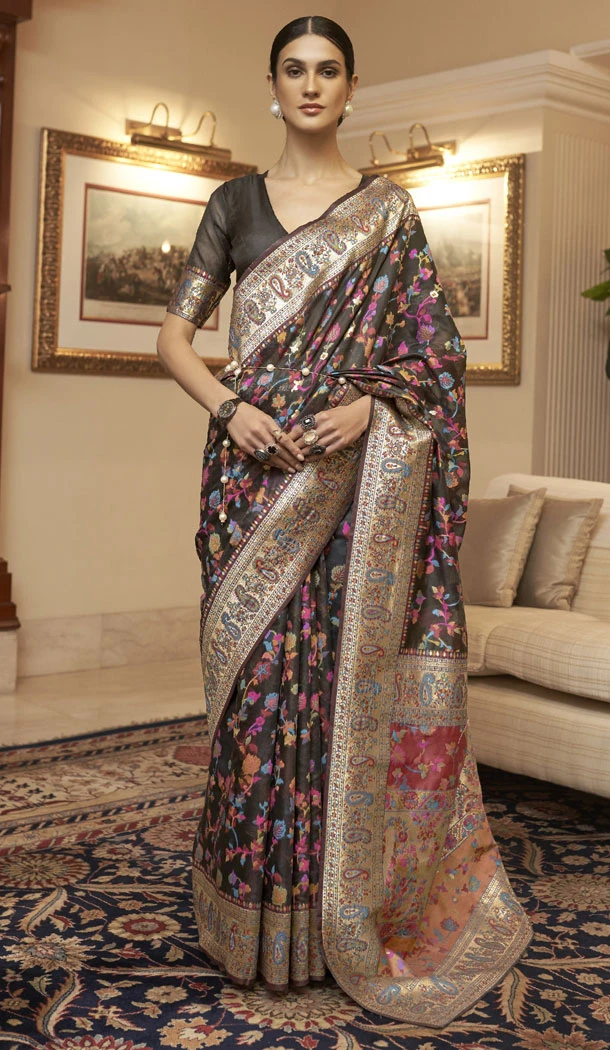 Black Color Kashmiri Silk Weaving Work Saree - 8630183392