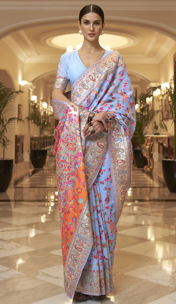 Designer Sky Blue Kashmiri Modal Weaving Work Saree - 8630183393