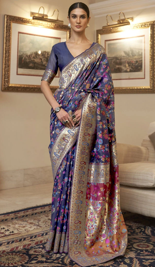 Navy Blue Color Kashmiri Silk Weaving Work Saree - 8630183394