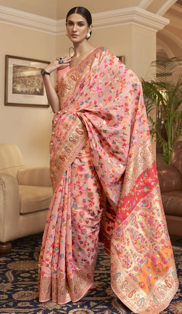 Peach Color Kashmiri Silk Weaving Work Saree - 8630183395