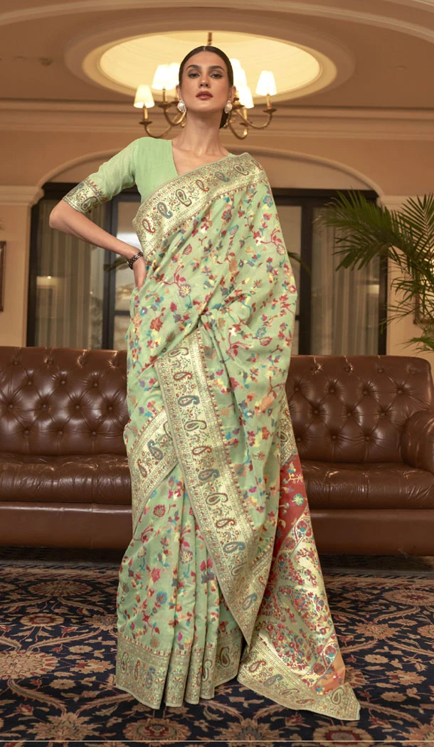 Pista Green Color Kashmiri Silk Weaving Work Saree - 8630183397