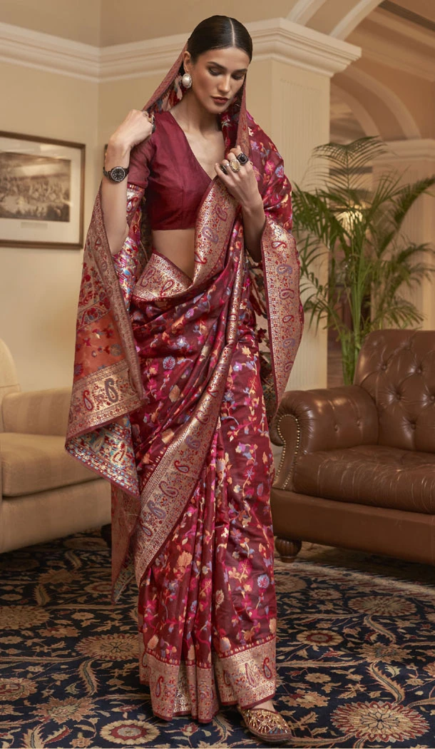 Maroon Color Kashmiri Silk Weaving Work Saree - 8630183398