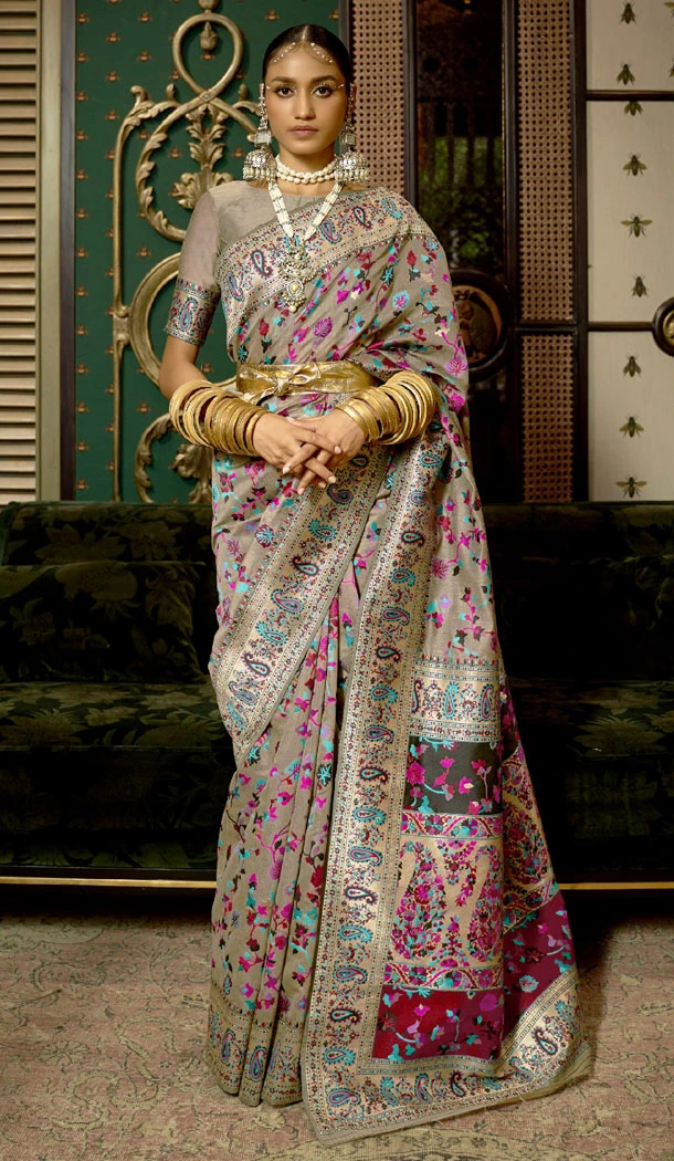 Grey Color Kashmiri Silk Weaving Work Saree - 8630183399