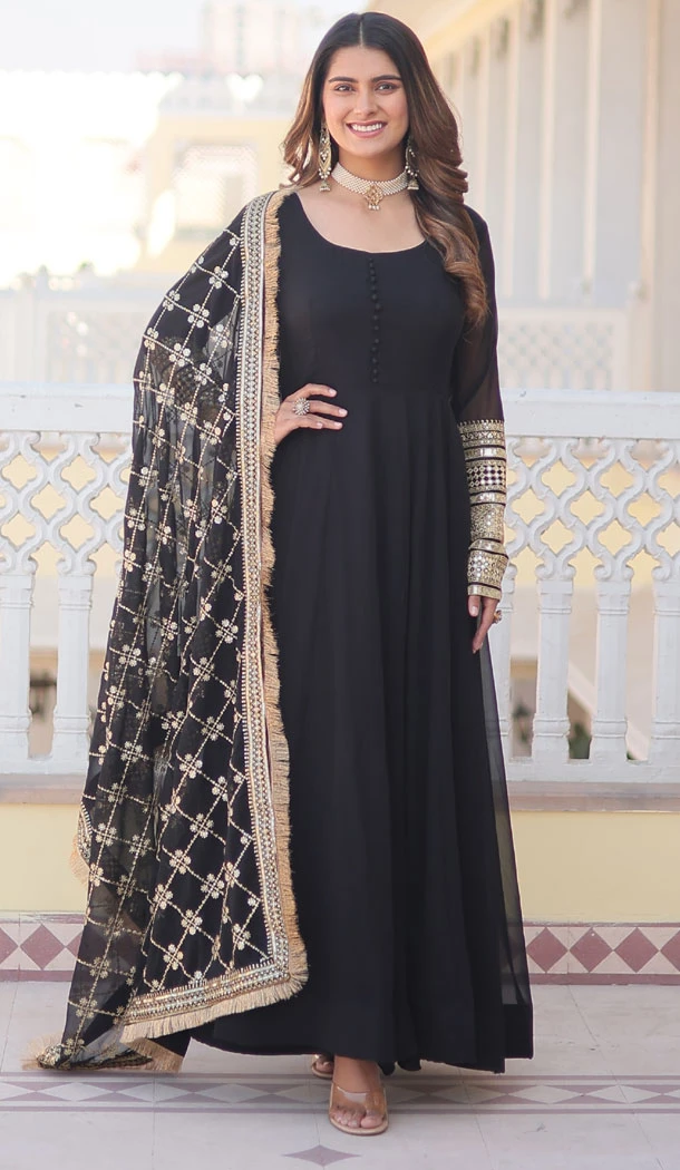 Faux Blooming Embroidery Work Black Readymade Women Gown - 8641183451