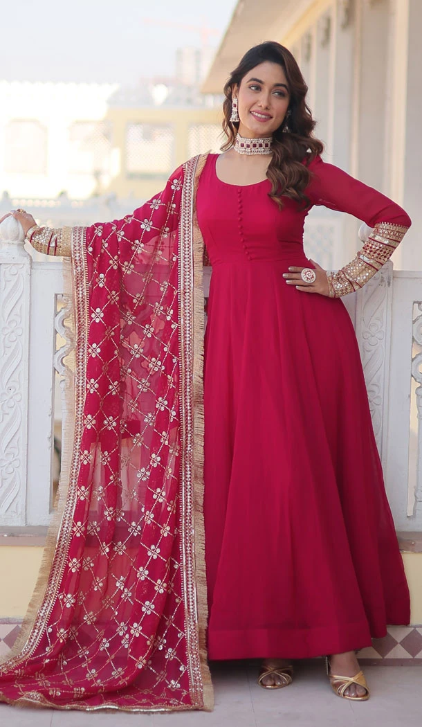 Faux Blooming Embroidery Work Pink Readymade Women Gown - 8641183452