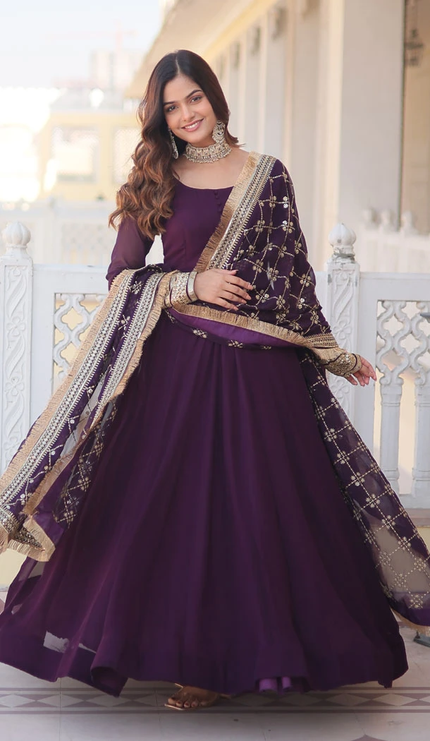 Faux Blooming Embroidery Work Wine Readymade Women Gown - 8641183453
