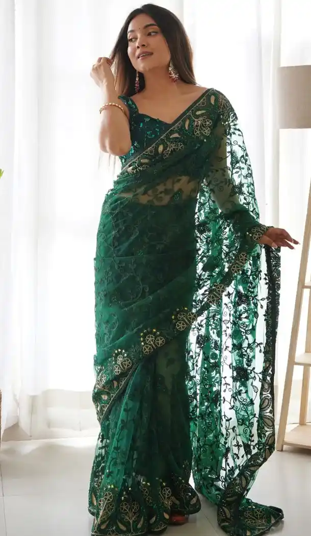 Heavy Butterfly Net With Aari Embroidery Work Green Saree - 8647183467