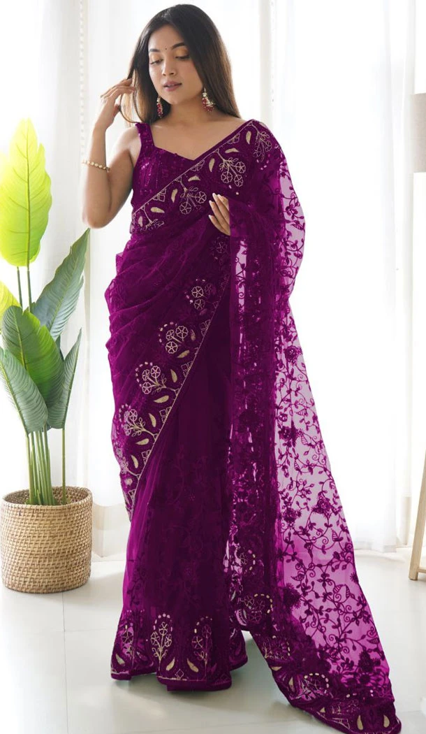 Heavy Butterfly Net With Aari Embroidery Work Purple Saree - 8647183468 Heavy Butterfly Net With Aari Embroidery Work Purple Saree - 8647183468