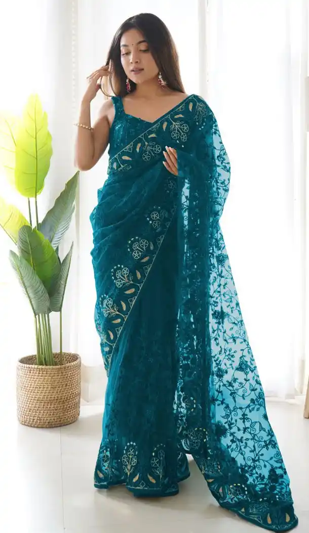 Heavy Butterfly Net With Aari Embroidery Work Teal Blue Saree - 8647183470