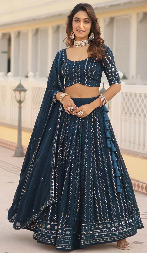 Faux Blooming Blue Embroidery Work Designer Lehenga Choli - 8651183499
