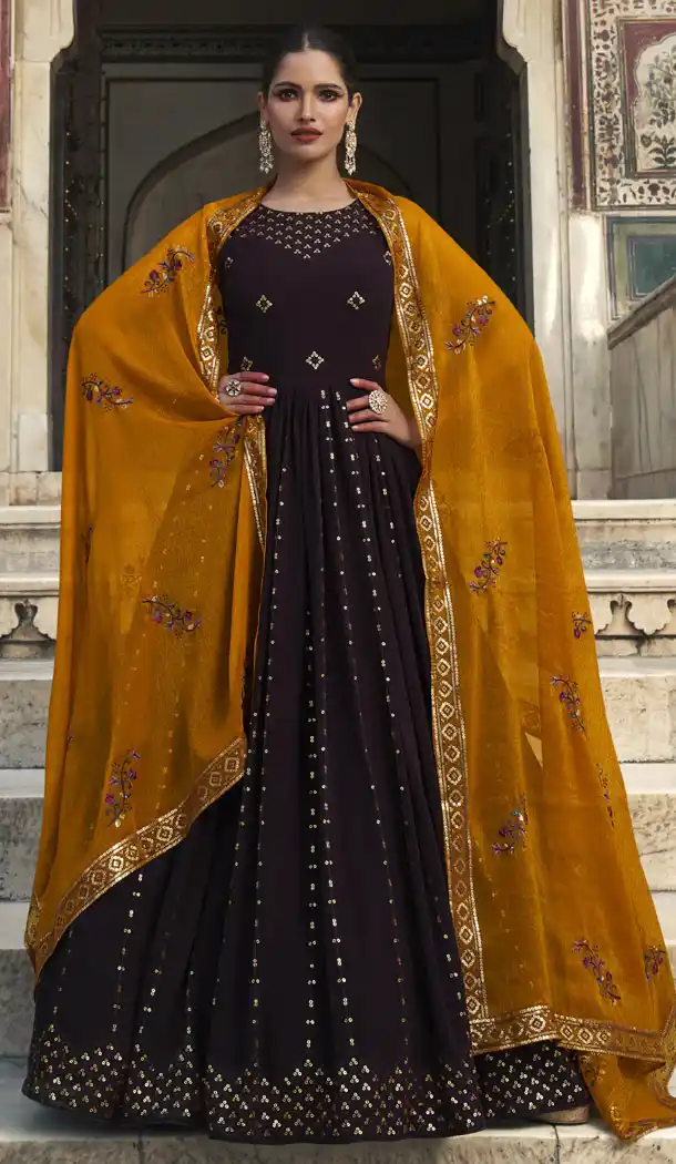 Embroidery Sequence Work Georgette Purple Color Gown Suit - 8657183545