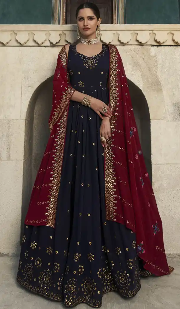 Embroidery Sequence Work Georgette Navy Blue Color Gown Suit - 8657183547