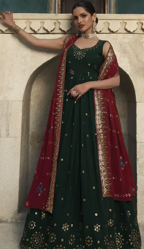 Embroidery Sequence Work Georgette Green Color Gown Suit - 8657183548