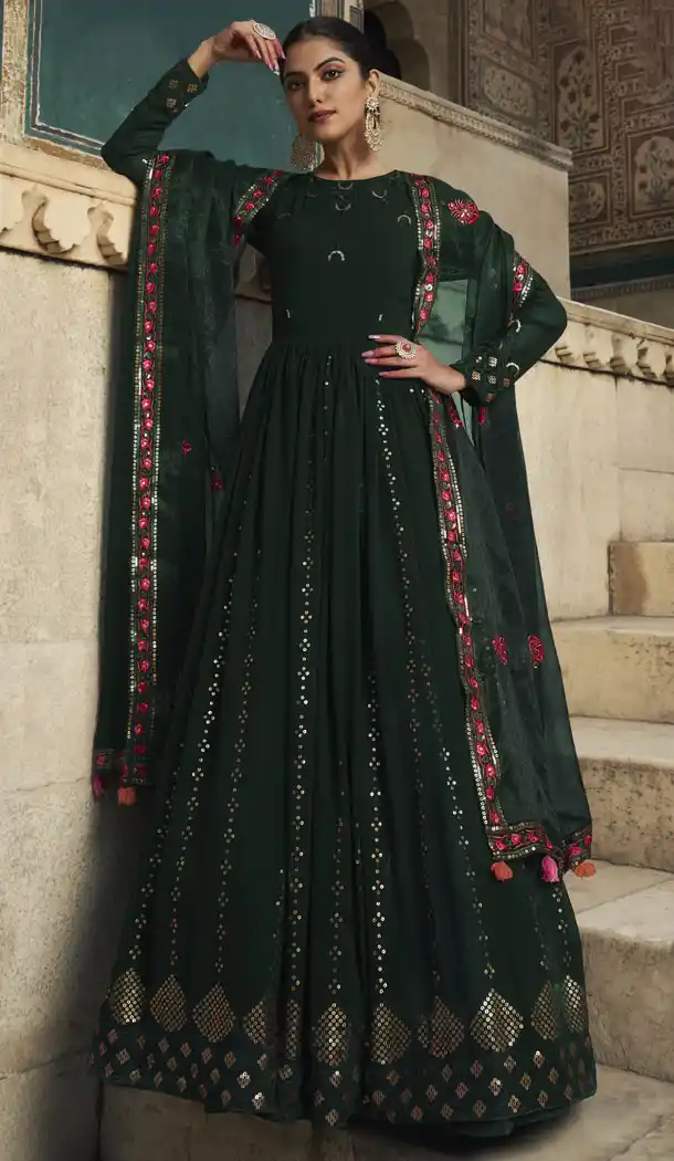 Green Color Embroidery Sequence Work Georgette Gown Suit - 8657183549