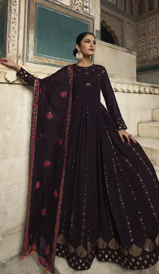 Purple Color Embroidery Sequence Work Georgette Gown Suit - 8657183550