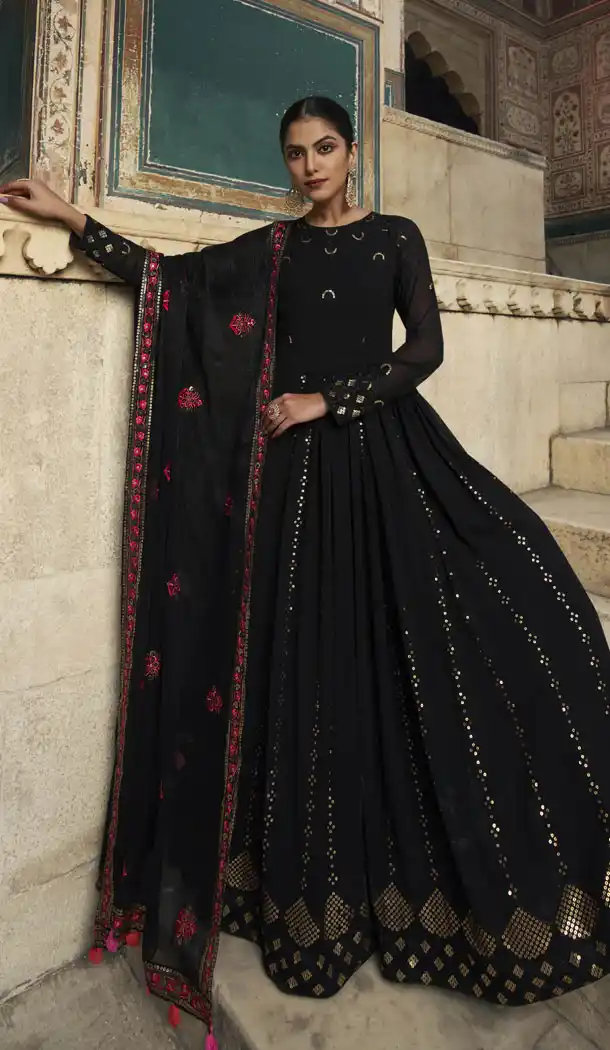 Black Color Embroidery Sequence Work Georgette Gown Suit - 8657183551