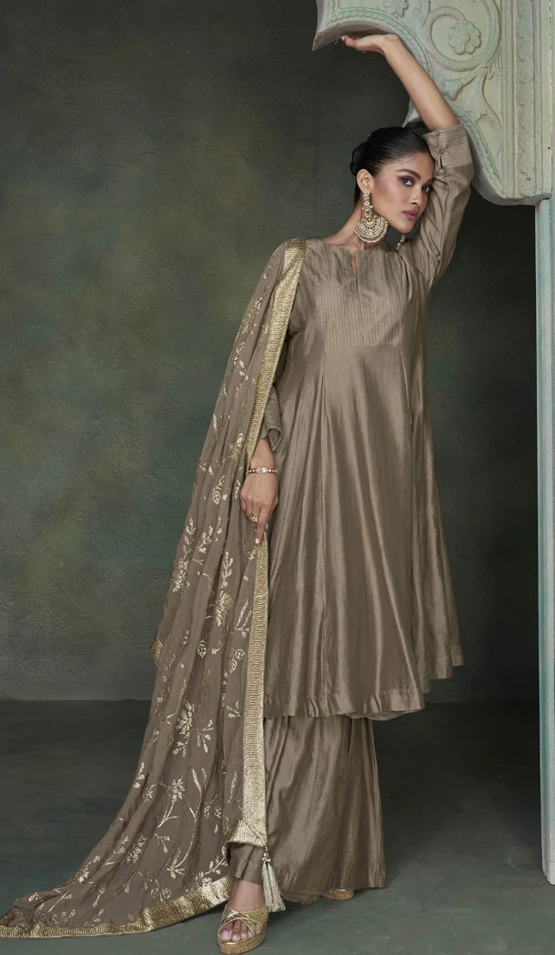 Pure Silk Brown Color Embroidery Sequence Work Salwar Suit - 8658183553