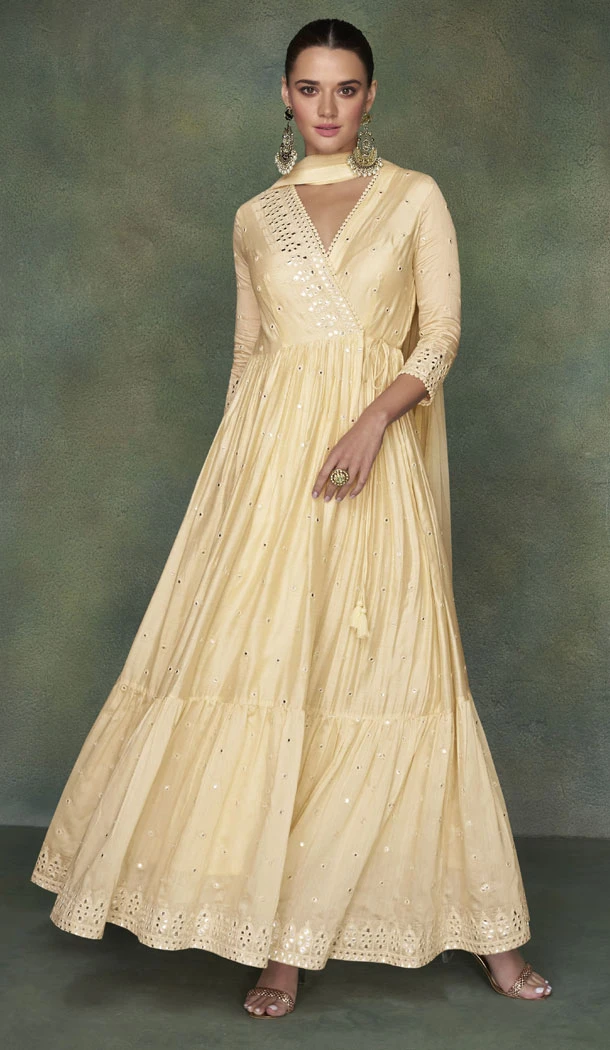 Pure Silk Cream Color Embroidery Sequence Work Salwar Suit - 8658183554