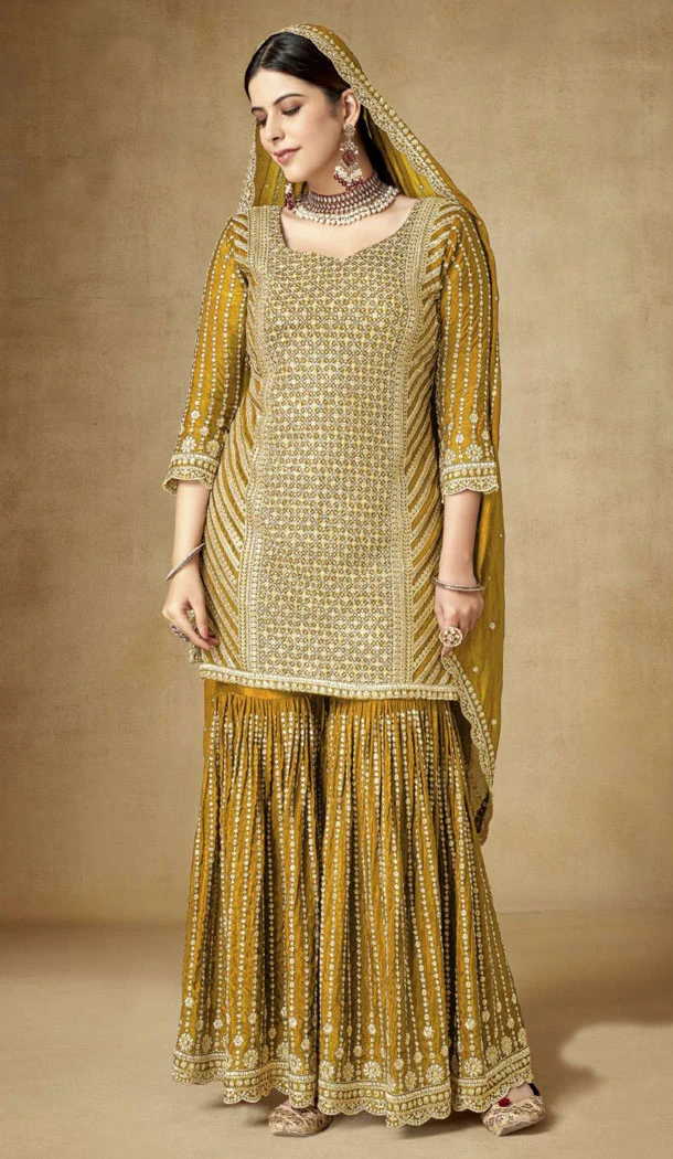 Chinon Sequins Embroidery Work Pakistani Sharara Suit In Yellow - 865918356