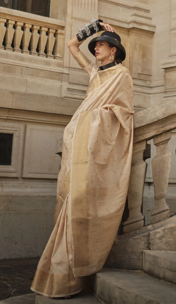 Majesty Cream Khaddi Silk Weaving Work Traditional Wear Saree - 8660183559