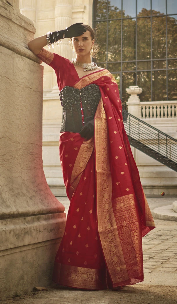 Charming Red Khaddi Silk Weaving Work Traditional Wear Saree - 8660183560