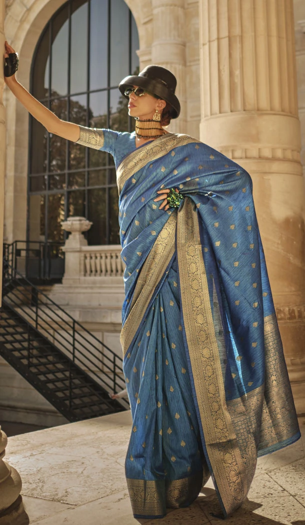 Ethic Blue Khaddi Silk Weaving Work Traditional Wear Saree - 8660183561