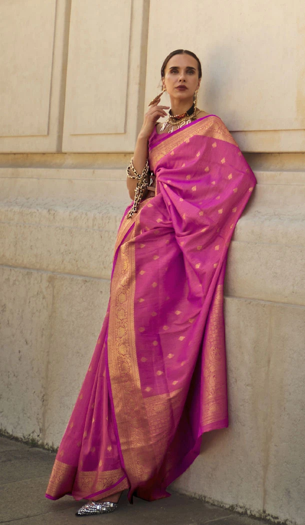 Magnificent Pink Khaddi Silk Weaving Work Traditional Wear Saree - 8660183563