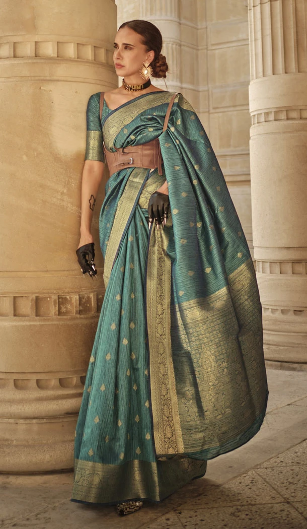 Glamorous Teal Blue Khaddi Silk Weaving Work Traditional Wear Saree - 8660183565
