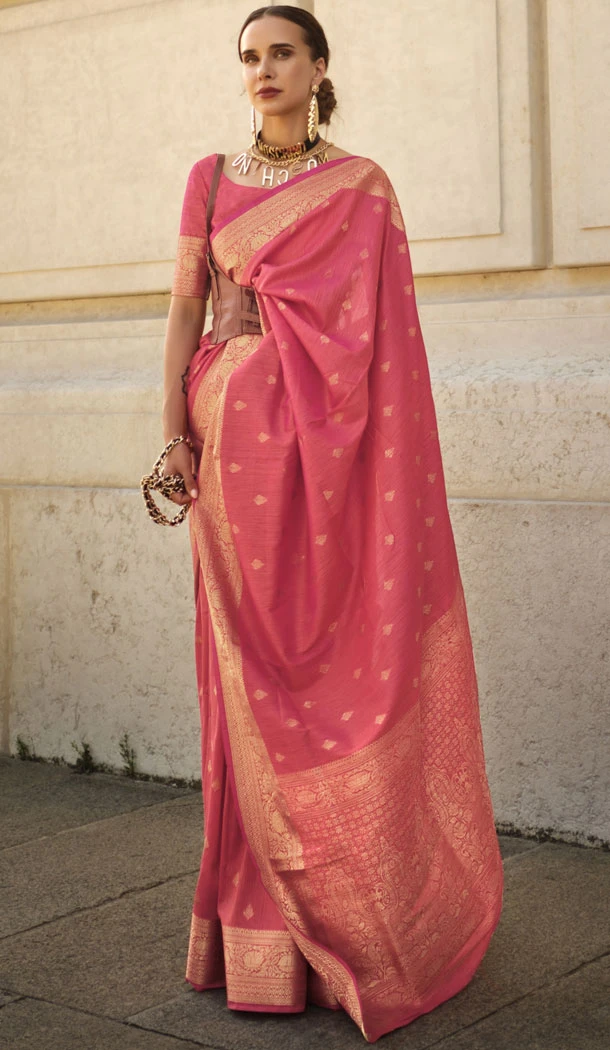 Heavy Khaddi Silk Pink Weaving Work Traditional Wear Saree - 8660183566