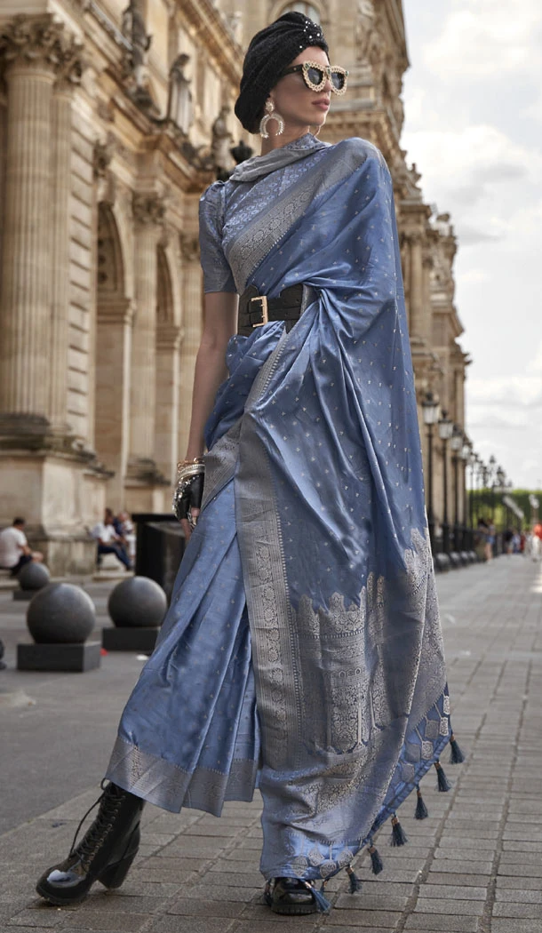Weaving Work Satin Silk Blue Color Traditional Saree - 8661183567