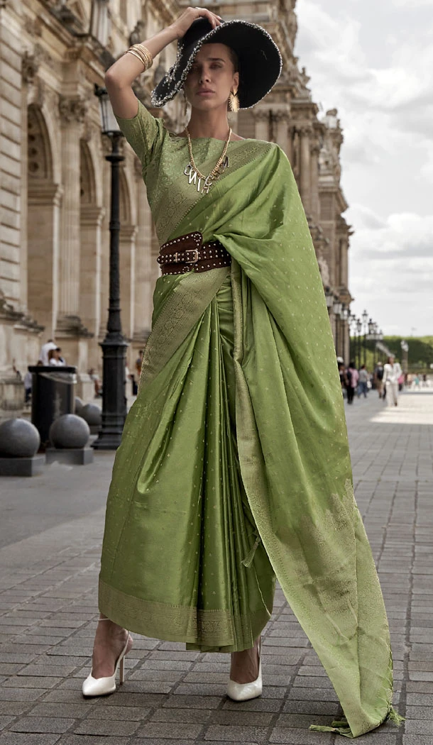 Weaving Work Satin Silk Green Color Traditional Saree - 8661183571