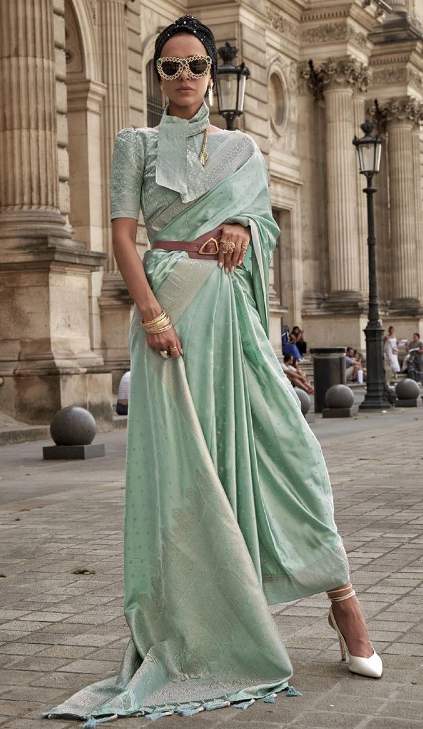 Weaving Work Satin Silk Mint Color Green Traditional Saree - 8661183572