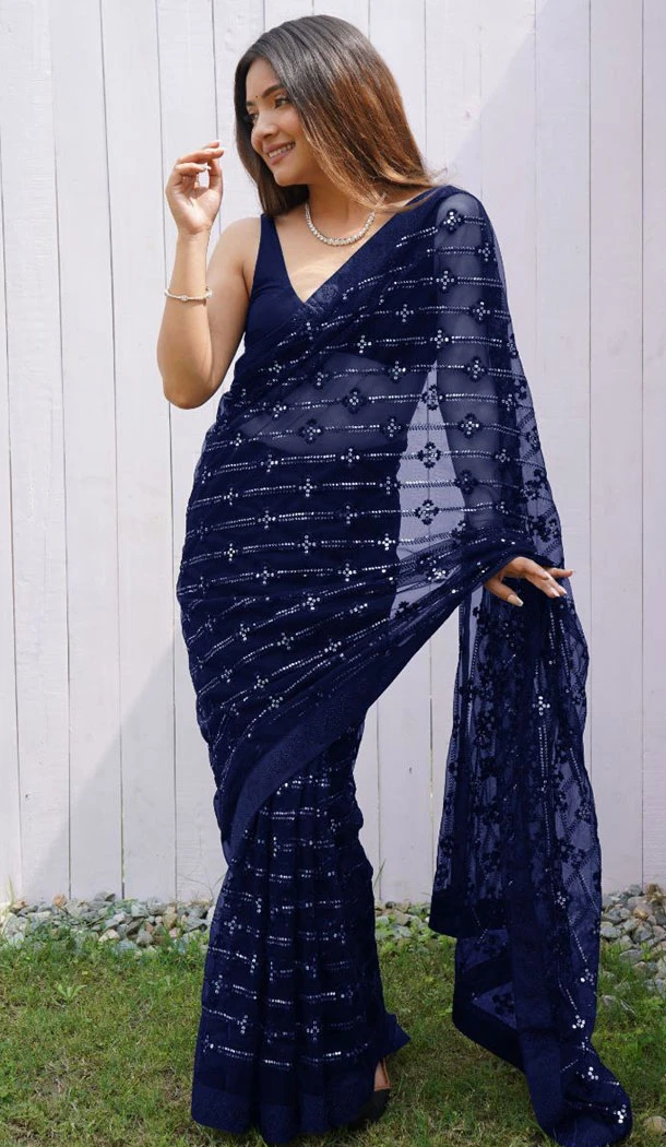 Butterfly Net With Embroidery Work Blue Party Wear Saree - 8663183580