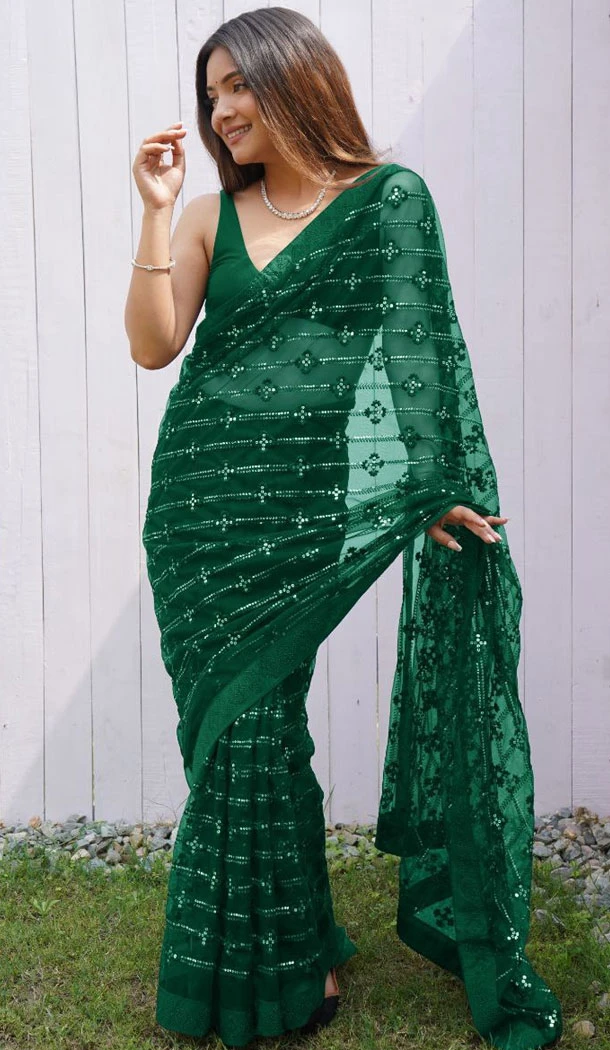 Butterfly Net With Embroidery Work Green Party Wear Saree - 8663183581