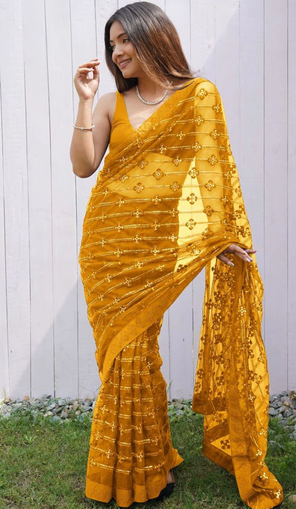 Butterfly Net With Embroidery Work Mustard Party Wear Saree - 8663183582