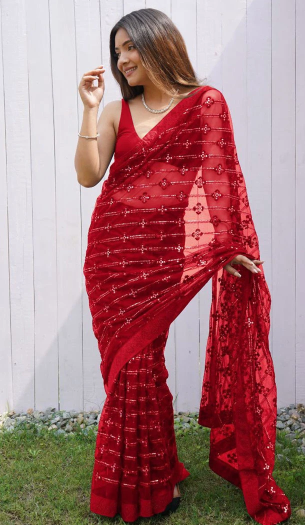 Butterfly Net With Embroidery Work Red Party Wear Saree - 8663183583
