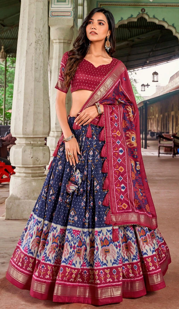 Blue Tussar Silk Patola Print Work Navratri Chaniya Choli - 8670183618