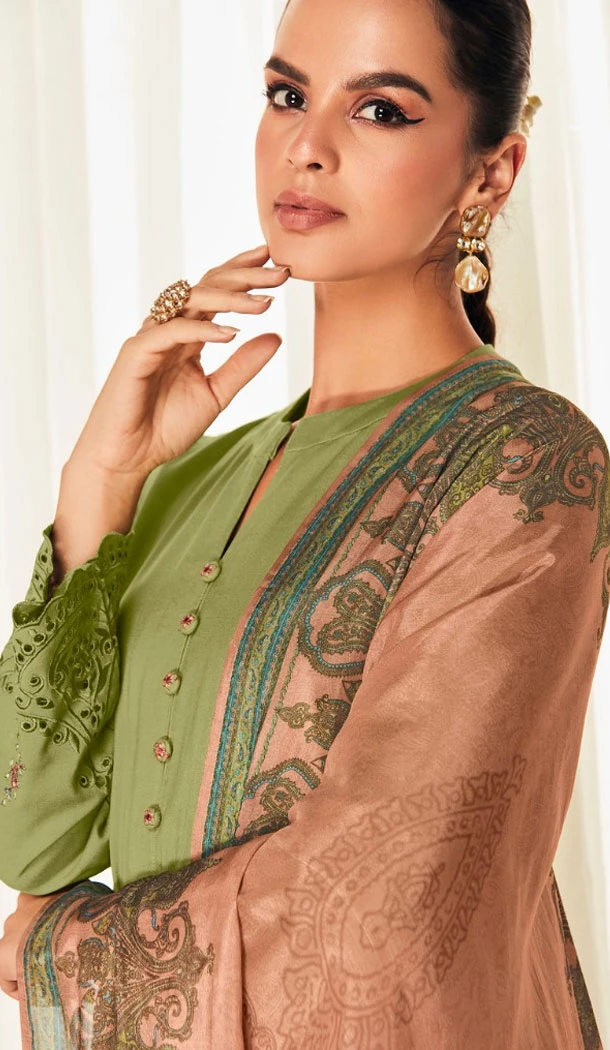 Modal Silk Embroidery Work Pakistani Salwar Kameez In Mehendi Green - 8674183643